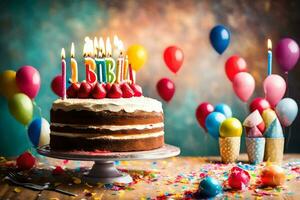verjaardag taart met kaarsen en ballonnen Aan een houten tafel. ai-gegenereerd foto