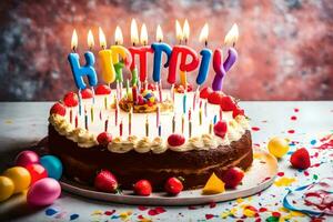verjaardag taart met kaarsen en verjaardag kaarsen Aan een tafel. ai-gegenereerd foto
