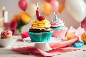 een verjaardag taart met kaarsen en kleurrijk decoraties. ai-gegenereerd foto
