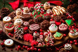 Kerstmis cupcakes Aan een houten schotel. ai-gegenereerd foto