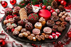 een schotel van Kerstmis snoepgoed en snoepjes. ai-gegenereerd foto