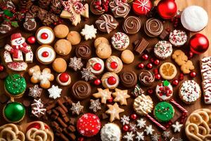 Kerstmis koekjes en andere behandelt Aan een houten tafel. ai-gegenereerd foto