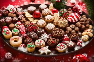 een schotel van Kerstmis koekjes en snoepjes Aan een rood achtergrond. ai-gegenereerd foto