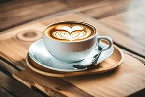 een kop van koffie met hart vorm Aan de schotel. ai-gegenereerd foto
