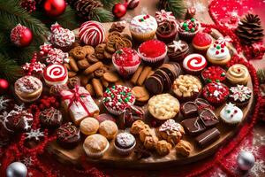 Kerstmis koekjes en cakes Aan een houten schotel. ai-gegenereerd foto