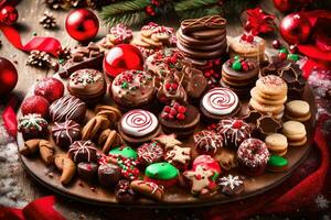 Kerstmis koekjes en snoepjes Aan een houten tafel. ai-gegenereerd foto