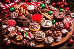 Kerstmis cupcakes Aan een houten tafel. ai-gegenereerd foto