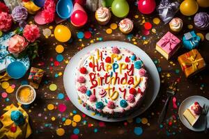een verjaardag taart met de woord gelukkig verjaardag geschreven Aan het. ai-gegenereerd foto