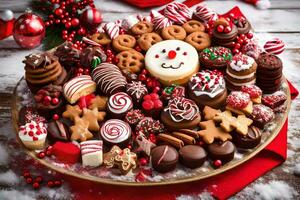 een schotel van Kerstmis koekjes en snoepjes Aan een tafel. ai-gegenereerd foto