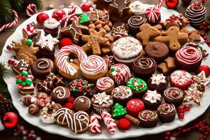 Kerstmis koekjes Aan een bord. ai-gegenereerd foto