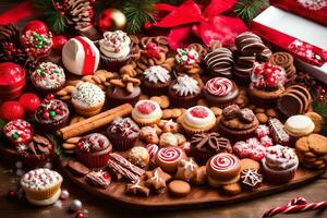 een dienblad van Kerstmis behandelt Aan een houten tafel. ai-gegenereerd foto