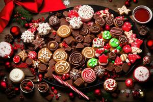 Kerstmis koekjes en snoepjes Aan een houten tafel. ai-gegenereerd foto