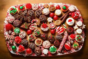 een schotel van Kerstmis koekjes en snoepjes Aan een tafel. ai-gegenereerd foto