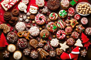 Kerstmis koekjes en snoepgoed Aan een tafel. ai-gegenereerd foto