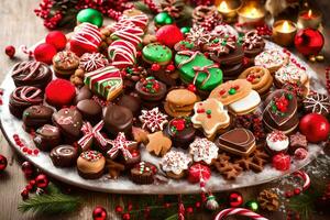Kerstmis koekjes en snoepjes Aan een schotel. ai-gegenereerd foto