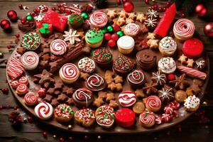 Kerstmis koekjes Aan een houten tafel. ai-gegenereerd foto