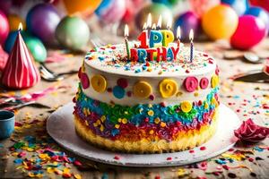een verjaardag taart met kaarsen Aan top. ai-gegenereerd foto