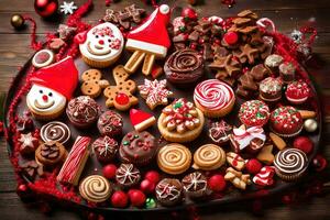 Kerstmis koekjes en cakes Aan een houten tafel. ai-gegenereerd foto