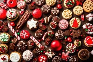 Kerstmis koekjes en snoepgoed Aan een donker achtergrond. ai-gegenereerd foto