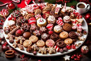 Kerstmis toetje schotel met Kerstmis snoepgoed en snoepjes. ai-gegenereerd foto