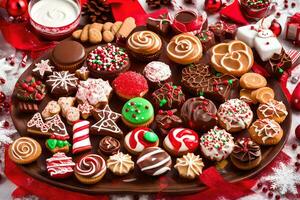 Kerstmis koekjes en andere snoepgoed Aan een schotel. ai-gegenereerd foto