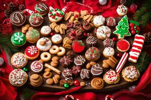 Kerstmis koekjes en andere snoepgoed Aan een rood tafel. ai-gegenereerd foto