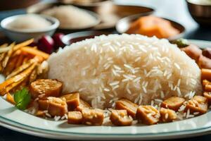 een bord van rijst- met groenten en andere ingrediënten. ai-gegenereerd foto