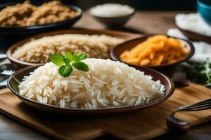 een kom van rijst- met een lepel en een kom van rijst. ai-gegenereerd foto