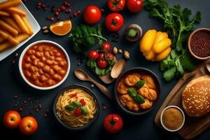 divers voedingsmiddelen inclusief pasta, bonen, tomaten, en andere ingrediënten. ai-gegenereerd foto