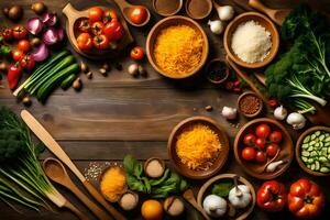 divers types van groenten en andere ingrediënten Aan een houten tafel. ai-gegenereerd foto