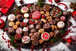 Kerstmis koekjes en andere snoepgoed Aan een schotel. ai-gegenereerd foto