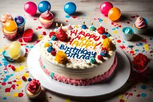 een verjaardag taart met de woord gelukkig verjaardag geschreven Aan het. ai-gegenereerd foto
