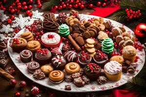 een schotel van Kerstmis koekjes en desserts. ai-gegenereerd foto