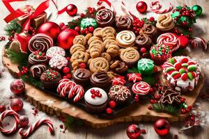 Kerstmis koekjes en snoep wandelstokken Aan een houten tafel. ai-gegenereerd foto