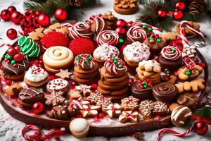 Kerstmis koekjes Aan een schotel. ai-gegenereerd foto