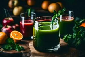 een glas van groen sap met fruit en groenten. ai-gegenereerd foto