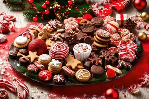 Kerstmis toetje schotel met snoep wandelstokken, koekjes en andere snoepgoed. ai-gegenereerd foto