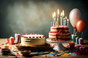 verjaardag taart met kaarsen Aan top en confetti. ai-gegenereerd foto