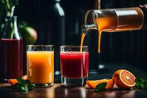 oranje sap wezen gegoten in een glas. ai-gegenereerd foto