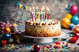 verjaardag taart met kaarsen Aan een tafel met kleurrijk confetti. ai-gegenereerd foto