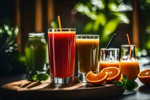 sap en smoothies Aan een houten tafel. ai-gegenereerd foto