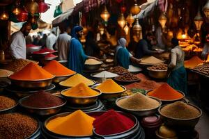 een markt met veel kommen van specerijen en andere artikelen. ai-gegenereerd foto