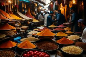 een markt met veel kommen van specerijen en andere artikelen. ai-gegenereerd foto