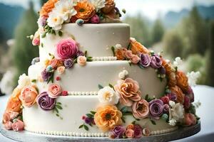 een drie moe taart met kleurrijk bloemen Aan top. ai-gegenereerd foto