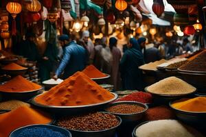 een markt met veel kommen van specerijen en andere artikelen. ai-gegenereerd foto