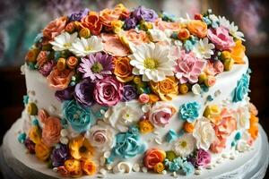 een taart versierd met kleurrijk bloemen. ai-gegenereerd foto