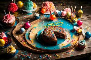 een verjaardag taart is omringd door cupcakes en kleurrijk confetti. ai-gegenereerd foto