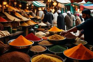 een Mens is staand in voorkant van een markt met veel verschillend types van specerijen. ai-gegenereerd foto