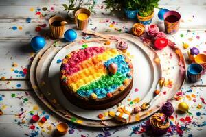 een kleurrijk taart Aan een bord met confetti. ai-gegenereerd foto