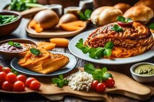 een bord van voedsel met groenten, aardappelen en andere ingrediënten. ai-gegenereerd foto